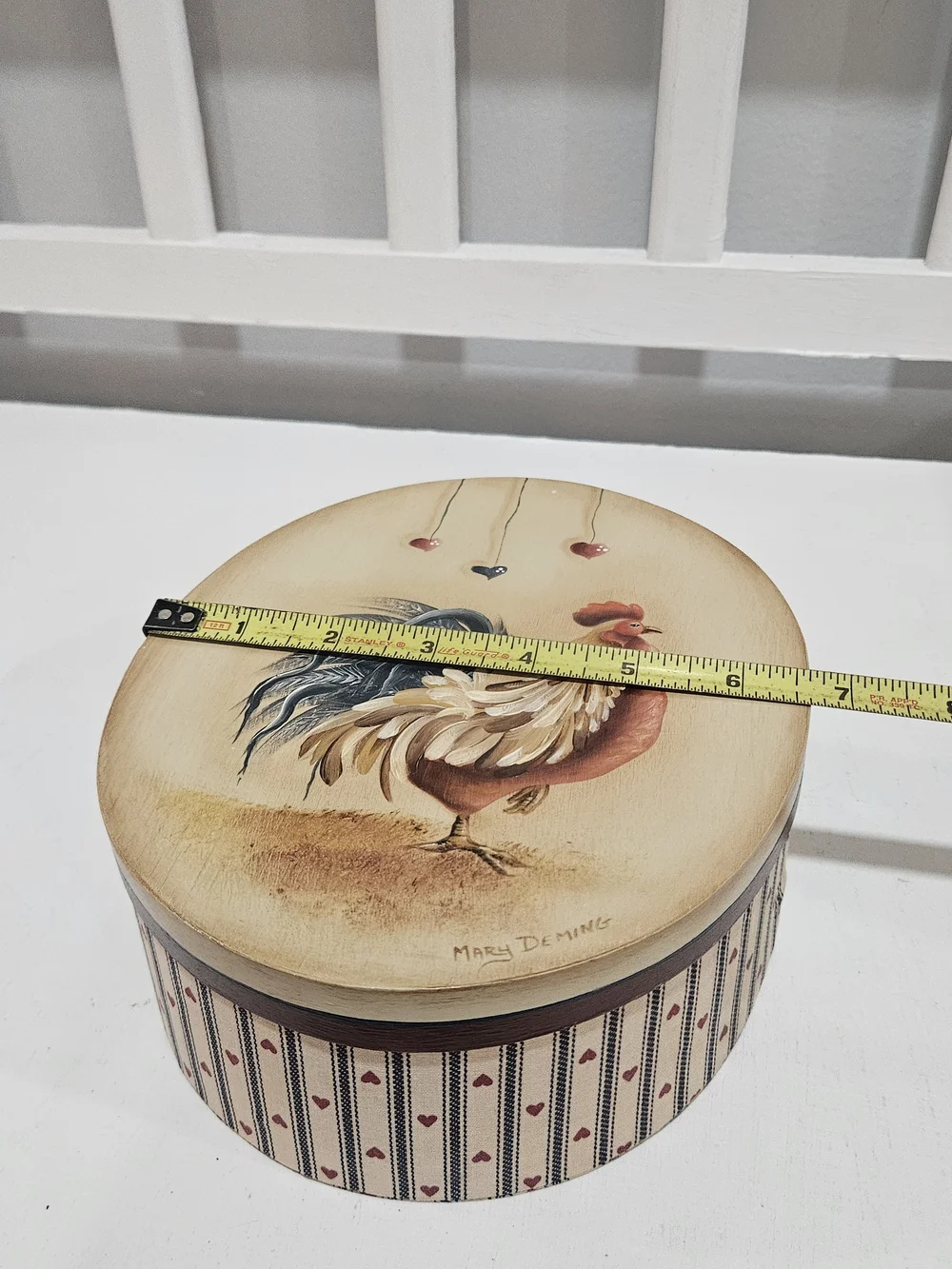 Vintage Handpainted Rooster Cloth Wrapped Storage Box, Signed Mary Deming